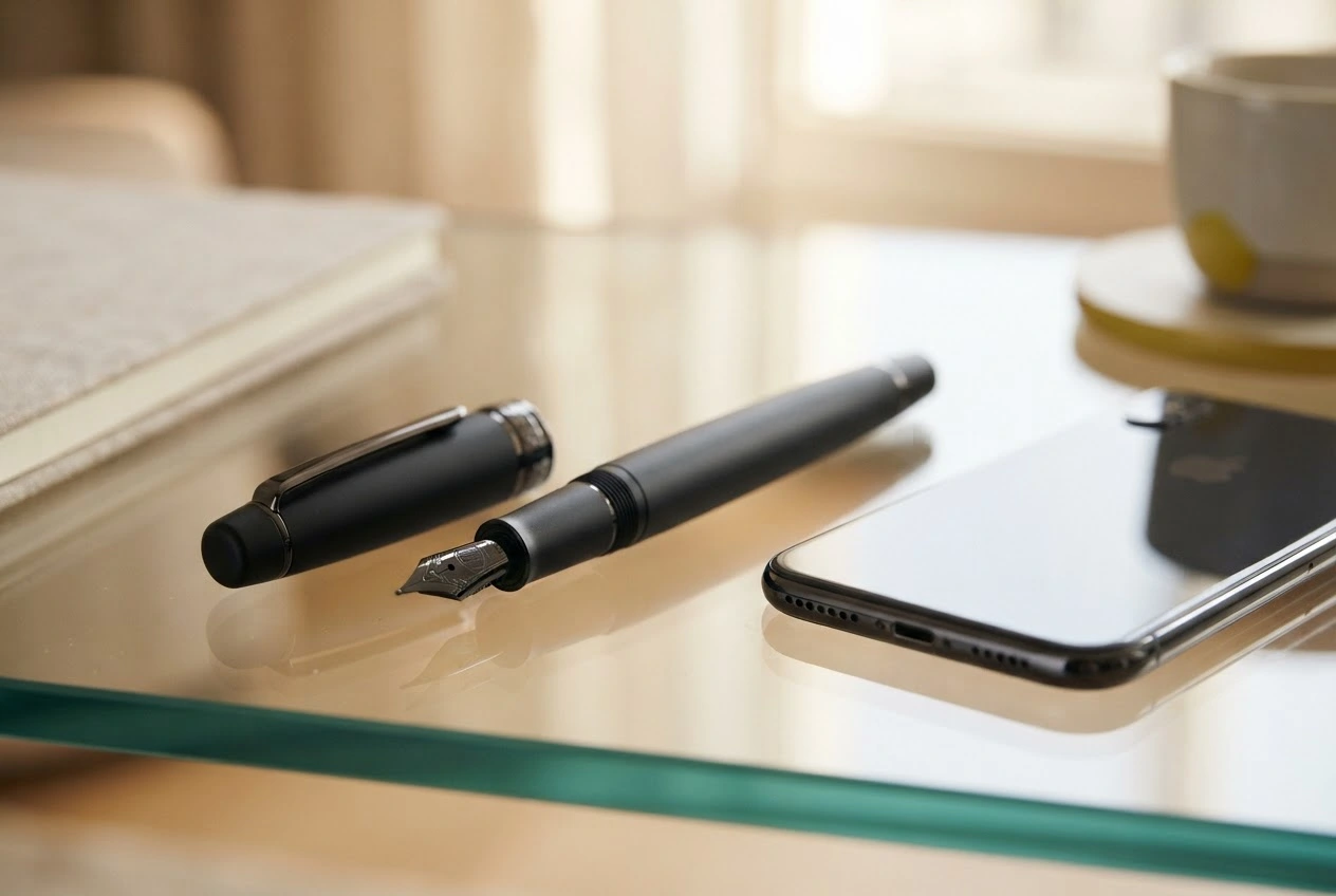 A fountain pen resting on a glass table beside a smartphone showing a loan offer