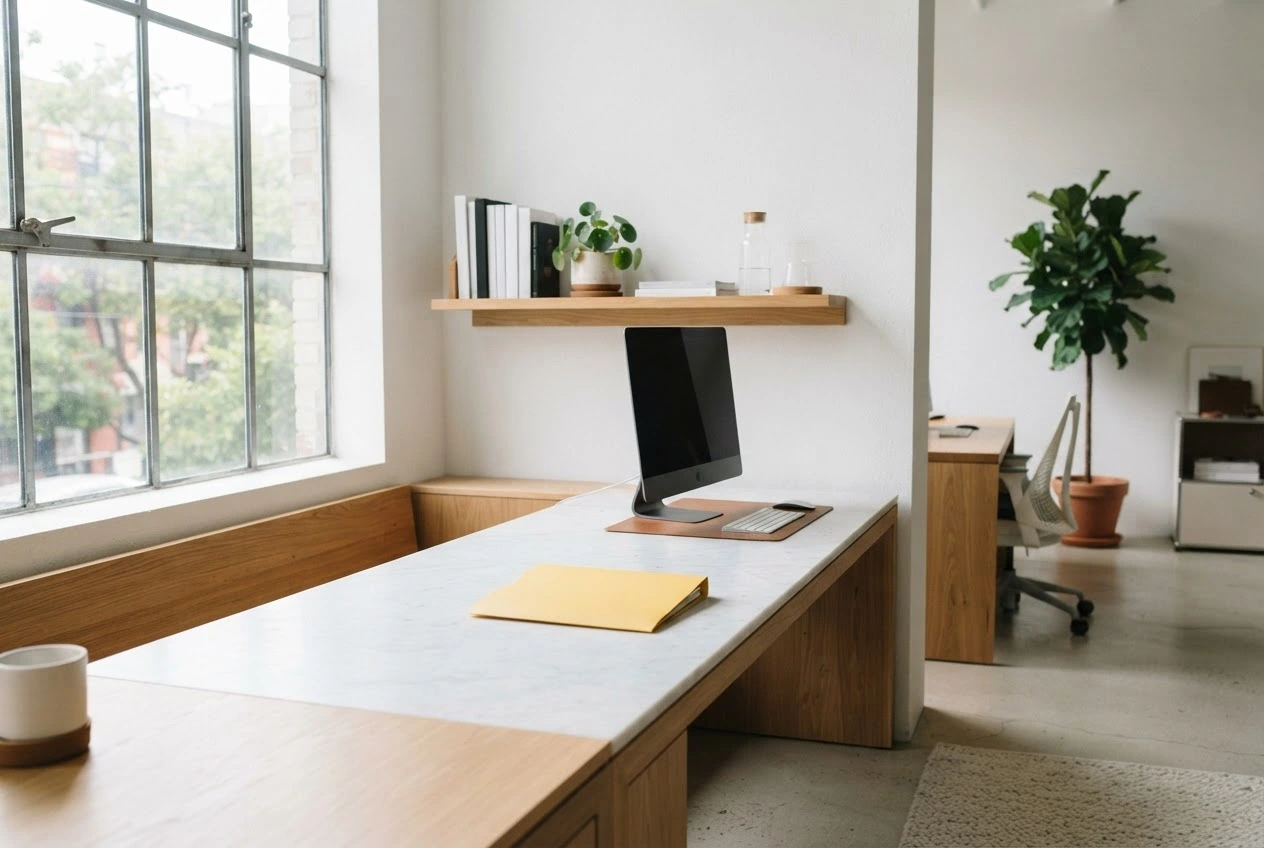 Minimal design studio interior with natural light and a yellow folder
